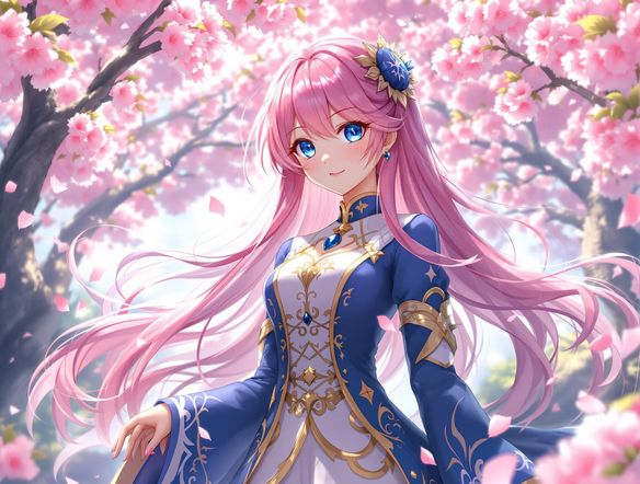 A vibrant anime girl with flowing pink hair, sparkling blue eyes, wearing a magical school uniform, standing in a cherry blossom garden. Detailed anime art style.