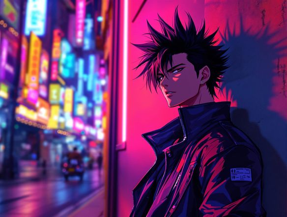 A cool anime boy with sharp features, spiky black hair, wearing a stylish urban jacket, leaning against a neon-lit city wall. Dynamic anime illustration.