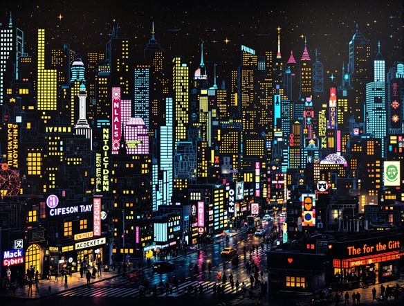 A vibrant cityscape at night, converted into a large-scale ASCII art mural, using a variety of characters to depict lights and buildings, reminiscent of a retro video game.