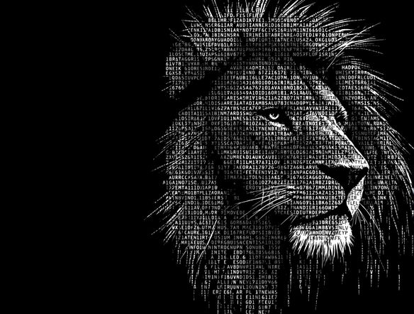 A detailed portrait of a majestic lion, rendered entirely in intricate ASCII characters, showcasing a complex pattern of symbols and letters, dark background, high contrast.