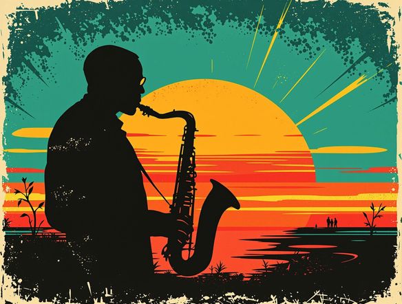 An AI retro poster design for a jazz festival, featuring a saxophone player silhouette against a sunset, bold typography, distressed paper texture, 1950s style.
