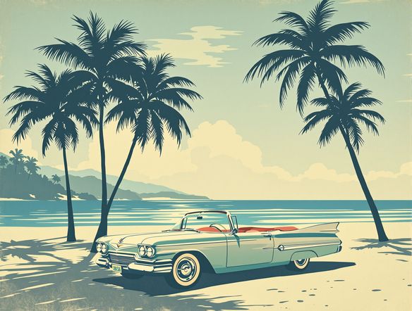 A vintage travel poster advertising a fictional beach resort, with a stylized illustration of palm trees and a retro car, muted color palette, distressed texture, 1960s travel poster style.