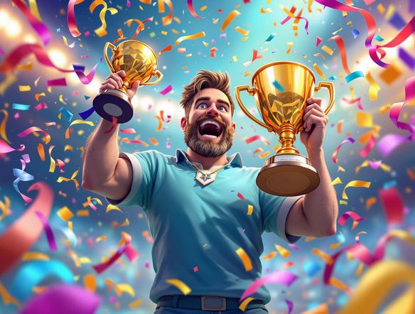 A vibrant, dynamic banner with confetti and streaming ribbons, prominently displaying a gold trophy and customizable text, celebrating a championship victory.