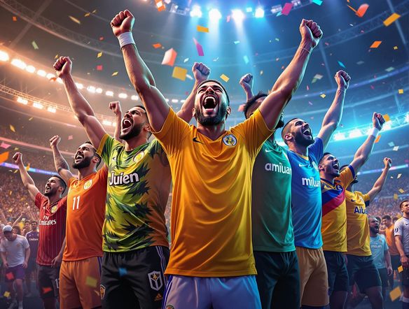 A dynamic championship banner featuring a diverse group of athletes celebrating, bold typography, vibrant colors, stadium background, victorious atmosphere, digital painting.