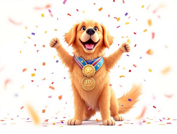 A championship banner featuring a golden retriever wearing a winner's medal, triumphant pose, confetti falling, vibrant colors, digital art.