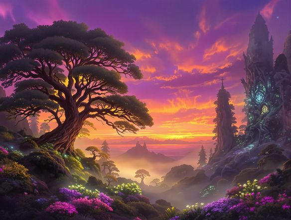 A vibrant fantasy landscape with smooth, airbrushed gradients of purple and orange skies, soft clouds, and a glowing mystical forest. Digital airbrush tool style.