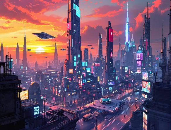 A vibrant, smooth airbrush illustration of a futuristic cityscape at sunset, with glowing neon signs and flying vehicles, rendered with soft gradients and sharp details.