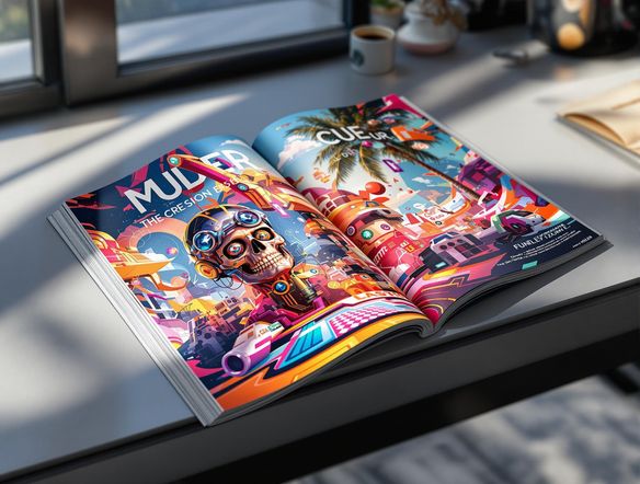 A photorealistic magazine mockup laying open on a modern desk, showcasing a vibrant and artistic cover design. Natural lighting, high resolution, focus on detail. Include subtle shadows and textures to enhance realism.