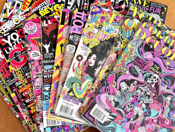 A stack of magazines with diverse and visually striking covers, each generated by AI. Showcase a variety of styles, from minimalist to bold and colorful. Focus on demonstrating the breadth of design possibilities.