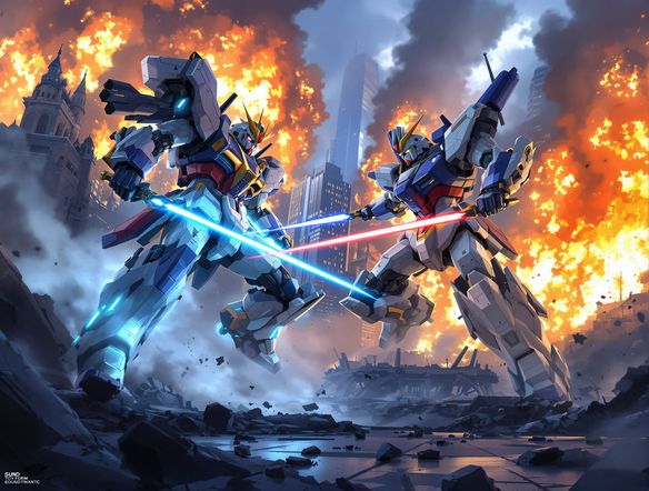 A dynamic battle scene featuring two distinct mechs: one in a classic Gundam style with beam sabers, the other a heavily armored, industrial mech with plasma cannons, clashing amidst futuristic city ruins.