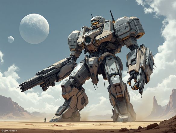 A detailed concept art of a massive, custom-designed mecha, standing tall against a desolate alien landscape. The robot features intricate plating and powerful weaponry, showcasing advanced sci-fi engineering. Sunlight glints off its metallic surface.