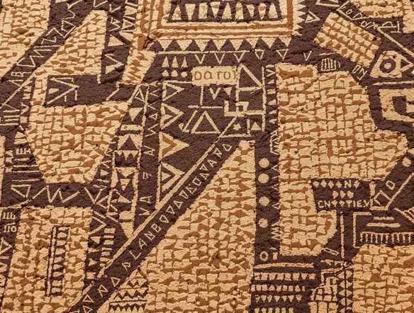 A close-up, detailed view of an authentic Senufo mud cloth textile, showcasing intricate geometric patterns and symbolic motifs. The texture of the hand-dyed fabric should be prominent. African tribal textile design AI, Senufo mud cloth art.
