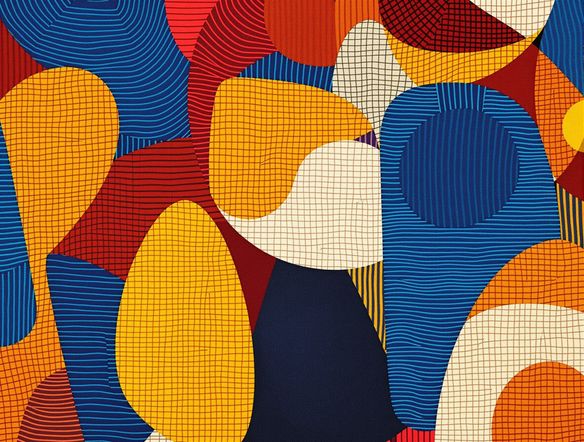 A vibrant and colorful Senufo curtain cloth design featuring bold abstract shapes and linear patterns, inspired by Ivory Coast Senufo patterns. The image should convey a sense of traditional African textile generator artistry and cultural richness.