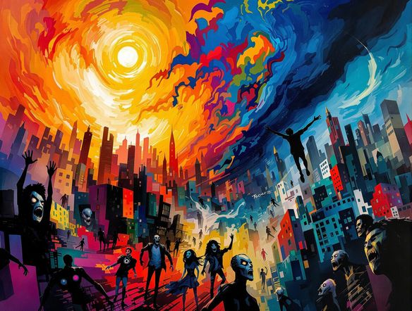 Vibrant, swirling colors depicting a cityscape with distorted buildings and emotional figures, in the style of German Expressionism.
