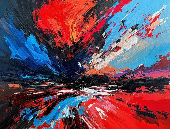 An abstract landscape with intensely expressive brushstrokes AI, featuring distorted forms that evoke a sense of movement and emotion. Use a high-contrast color scheme to emphasize the dynamic nature of the scene.