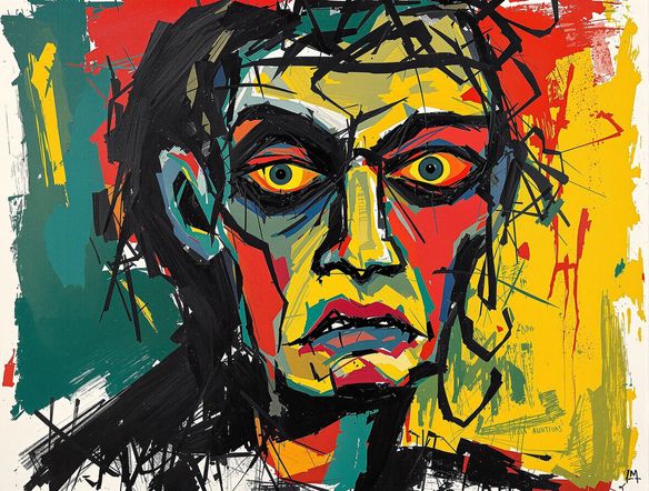 A portrait in the style of German Expressionism AI, featuring bold outlines, distorted features, and a vibrant, emotionally charged color palette. Focus on conveying inner turmoil and intense feeling.