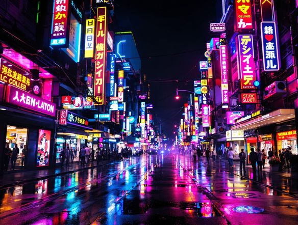 A vibrant neon cityscape at night, with glowing signs and colorful reflections on wet pavement, captured with a wide-angle lens.