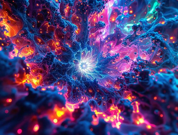 An abstract neon fractal pattern with vibrant blues, pinks, and greens. The design should evoke a sense of depth and movement, resembling a digital aurora borealis. Use a high level of detail and intricate patterns.