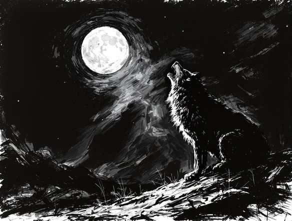 A dramatic, high-contrast charcoal drawing of a lone wolf howling at a full moon, deep shadows, expressive texture, black and white sketch.