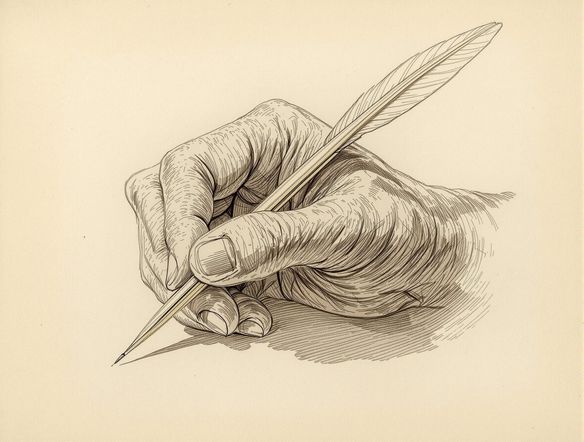 A hyperrealistic graphite sketch of an old, weathered hand holding a quill pen, intricate detail, soft lighting, on textured paper.
