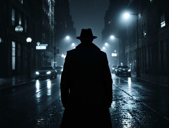 A moody, atmospheric noir movie poster in a dark cinema style. Focus on a lone detective silhouetted against a rain-slicked city street, with stark shadows and dramatic lighting. Detective film art.