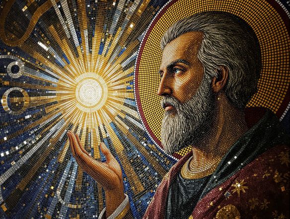 Intricate Byzantine church mosaic depicting a saint, crafted from shimmering tesserae, with rich gold and deep blue hues, illuminated by divine light.
