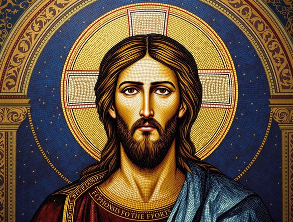 A Byzantine-style religious icon of Christ Pantocrator, rendered in mosaic, with intricate tesserae detail and a halo, glowing with divine light.