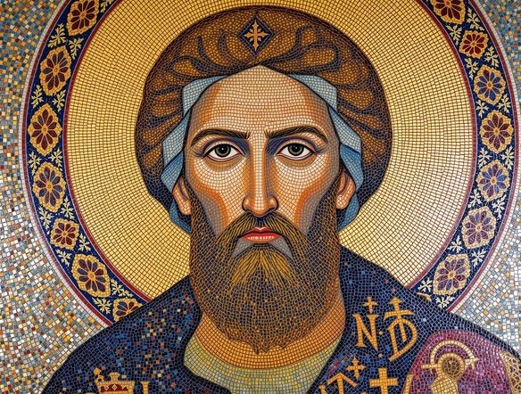 A detailed Byzantine mosaic panel depicting a saint's face, filled with vibrant colored tesserae and abundant gold leaf accents, showcasing intricate Orthodox mosaic design.