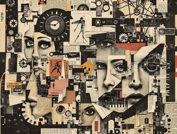 A chaotic yet compelling Dadaism collage featuring fragmented faces, newspaper clippings, and mechanical parts, rendered in a vintage photomontage style. High contrast, surreal composition.