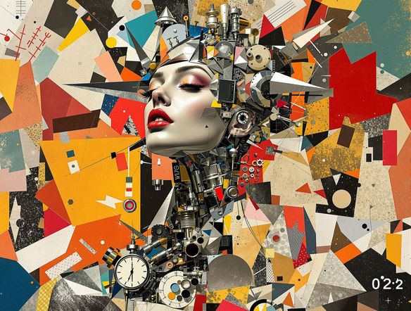 An AI-generated artwork in the style of Hannah Höch, featuring a female figure composed of industrial objects and abstract shapes, set against a vibrant, fragmented background. Absurdist, experimental collage.