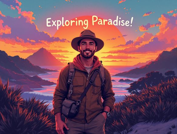 A captivating YouTube thumbnail displaying a travel vlogger against a stunning sunset backdrop. Add text overlay: 'Exploring Paradise!' Use warm color palettes and a sense of adventure.