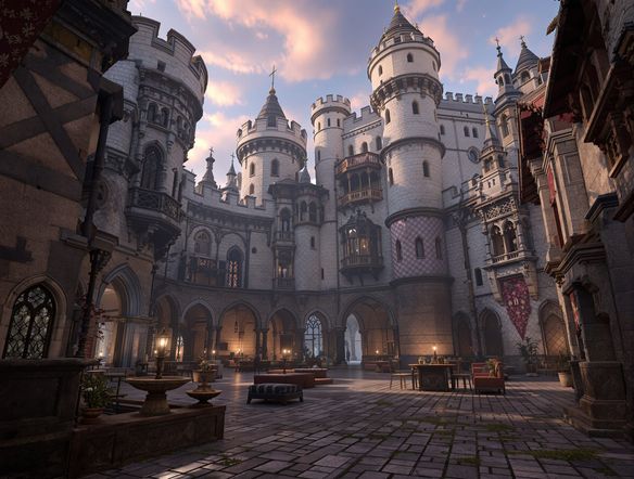 A hyper-realistic scene inside Unreal Engine 5, showcasing a detailed medieval castle courtyard with volumetric lighting and ray tracing, UE5 photorealism.