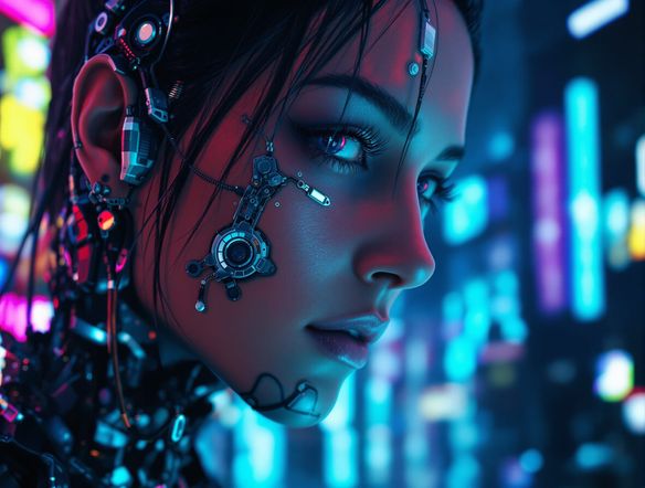 A close-up shot of a futuristic cyberpunk character's face, rendered with incredible detail and realistic skin textures, showcasing the best UE5 realism tool for digital art creation.