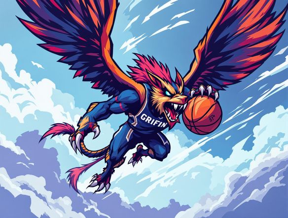 Create a powerful and dynamic mascot of a griffin for a basketball team, soaring through the air with a basketball in its claws. Emphasize strength, agility, and a fierce competitive spirit. Use vibrant team colors.