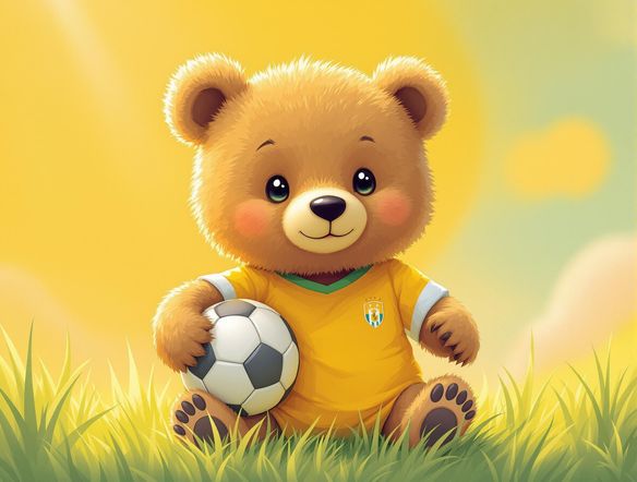 Design a friendly and approachable mascot of a bear cub for a youth soccer team, wearing a team jersey and holding a soccer ball. Focus on creating an image that is cute, inspiring, and promotes teamwork and sportsmanship. Use soft, inviting colors.