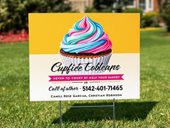 A professional and attention-grabbing yard sign design for a local bakery, featuring a delicious-looking cupcake, clear contact information, and a bright, welcoming color scheme. Include the bakery's logo and a tempting tagline.