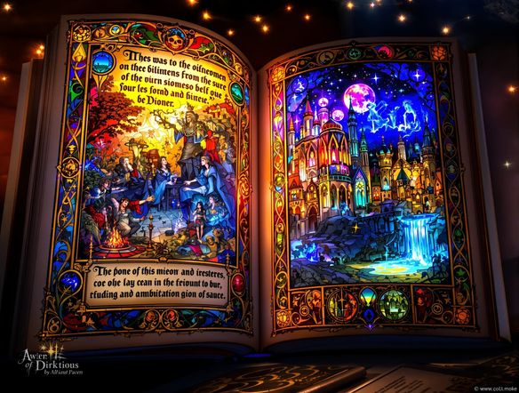 A vibrant digital illuminated manuscript page with ornate borders, featuring a central illustration and decorative medieval calligraphy, high detail, rich colors.