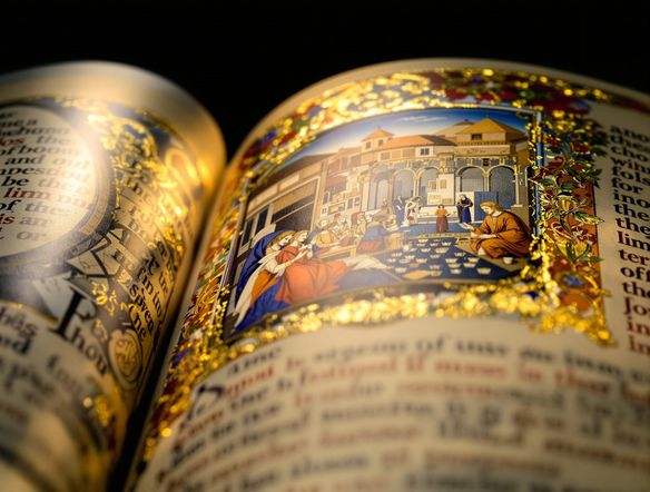 Close-up of a medieval manuscript page, showcasing intricate illustration with rich gold leaf accents, detailed floral borders, and a serene historical scene.