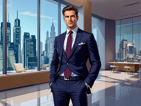 A sharply dressed executive in a navy suit with a light gray shirt and a patterned burgundy tie, standing in a modern office. The image should convey confidence and success.