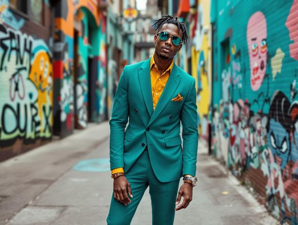 A stylish individual wearing a teal suit with a mustard yellow shirt and brown leather accessories, posing in a vibrant urban setting. The image should exude creativity and flair.