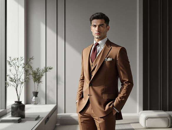 A well-dressed man in a suit, standing confidently in a modern, minimalist setting, showcasing a sophisticated color palette.