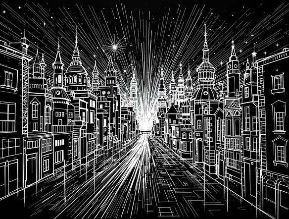 A vibrant cityscape rendered in a digital scratch art effect, bold white lines on a black background, dramatic lighting, high contrast, detailed illustration, AI generated scratchboard art.