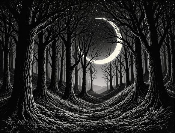A mystical forest scene rendered in a detailed scratchboard style, with a glowing crescent moon and silhouetted ancient trees, showcasing intricate linework and dramatic contrast.
