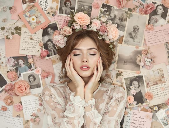 Pastel-colored collage featuring vintage photographs, floral elements, and handwritten notes, creating a dreamy and nostalgic mood board.
