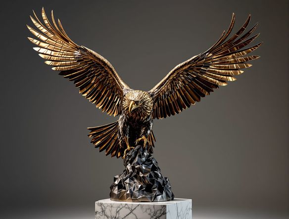 A majestic bronze sculpture of a soaring eagle, intricate feather details, polished patina, displayed on a marble pedestal, studio lighting, AI-generated metal artwork.