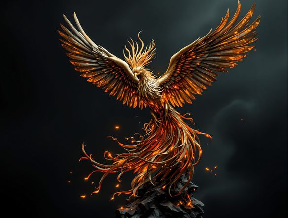 A majestic bronze sculpture of a phoenix taking flight, rendered with intricate feather details and a fiery patina, set against a dark, atmospheric background.