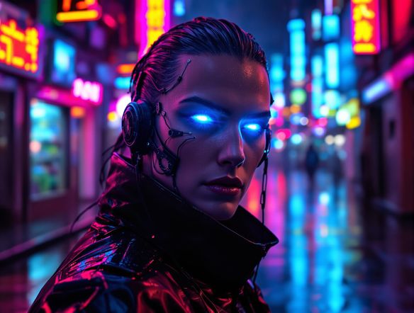 A close-up, intense portrait of a cyberpunk character with glowing cybernetic eyes, set against a backdrop of a rain-slicked, neon-lit alleyway. Style: neon cyberpunk art, generate dystopian portraits.