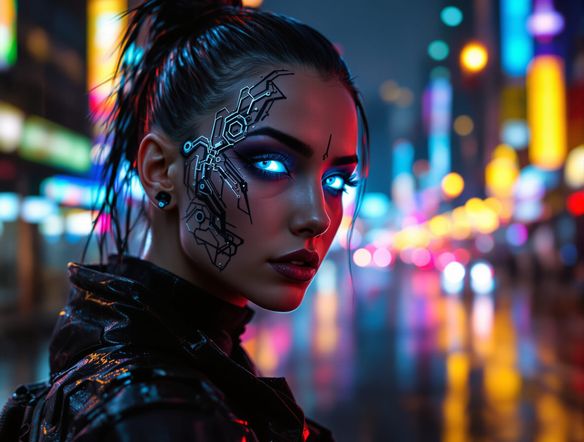 A highly detailed, neon-lit cyberpunk portrait of a hacker with glowing cybernetic eyes and intricate facial tattoos, set against a futuristic cityscape backdrop.