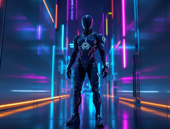 A full-body shot of a sleek, futuristic character in a high-tech suit, standing confidently in a minimalist, glowing neon cityscape. Style: high-tech character design, AI neon portraits.