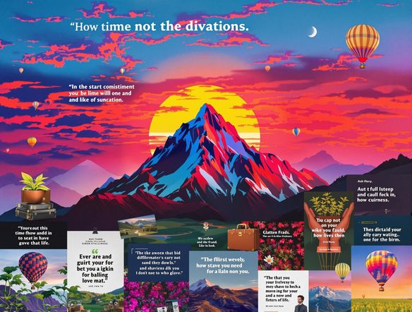 A vibrant vision board featuring a central image of a mountain peak at sunrise, surrounded by smaller images representing career success, personal growth, and travel. Include text overlays with motivational quotes generated by AI.
